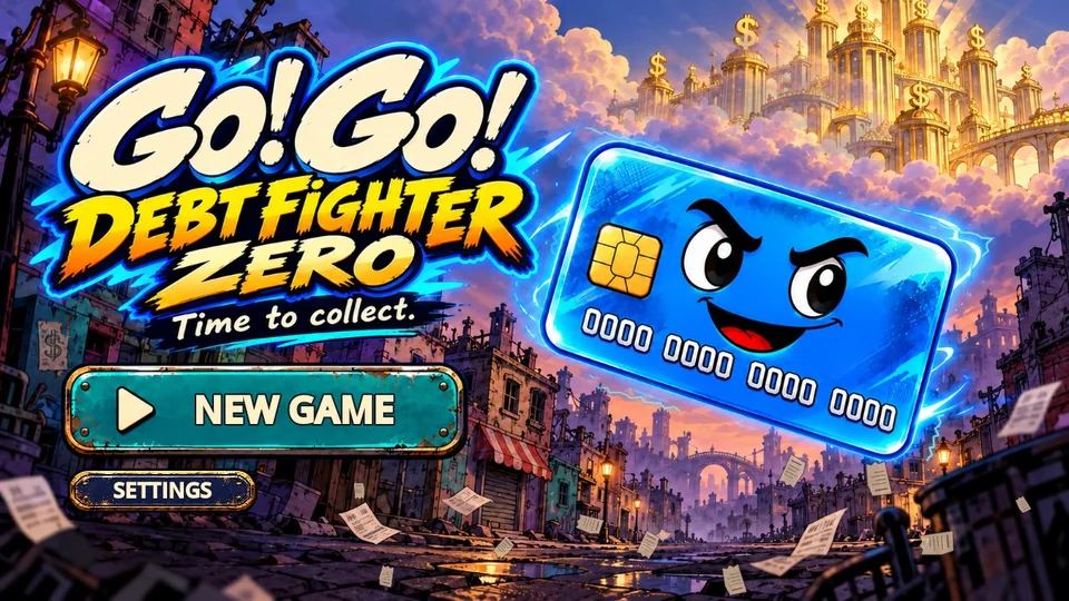 Go! Go! Debt Fighter Zero title screen: a determined blue card flies above a ruined street beneath the bankers’ golden towers.