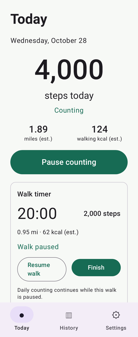 Pedometer development screen showing a sample 4,000 steps, distance estimates, and a paused walk timer.
